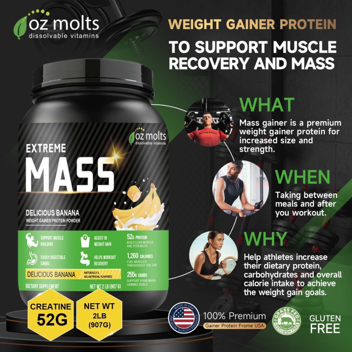 Ozmolts Mass Gainer Powder Weight Gainer Rich in 52g Protein Mass Extreme Improving Muscle Mass Creatine Monohydrate Supplements Support Muscle Recovery Banana Flavor 2 Lbs