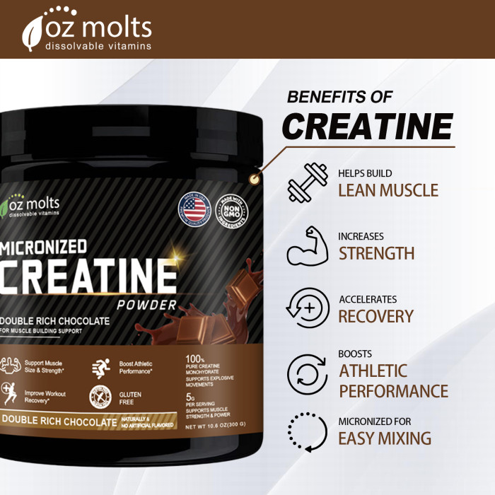 Ozmolts Creatine Monohydrate Powder Double Rich Chocolate Micronized Creatine Power for Muscle Building Support Workout Recovery and Strength Gain Booster Athlene Creatine Powder 300g