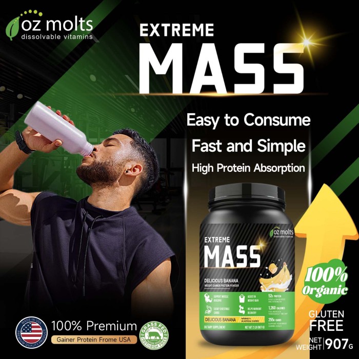 Ozmolts Mass Gainer Powder Weight Gainer Rich in 52g Protein Mass Extreme Improving Muscle Mass Creatine Monohydrate Supplements Support Muscle Recovery Banana Flavor 2 Lbs