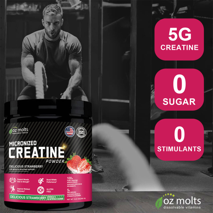 Ozmolts Creatine Monohydrate Powder Support Muscle Building Supplements for Women and Men Creatine Powder for Muscle Recovery Energy Booster Gym Supplement Strawberry 300g