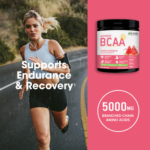 Ozmolts Ultimate BCAA Powder Branched Chain Amino Acid Supplements for Women and Men BCAA 2:1:1 with Beta Alanine Boost Muscle Strength Watermelon 300g