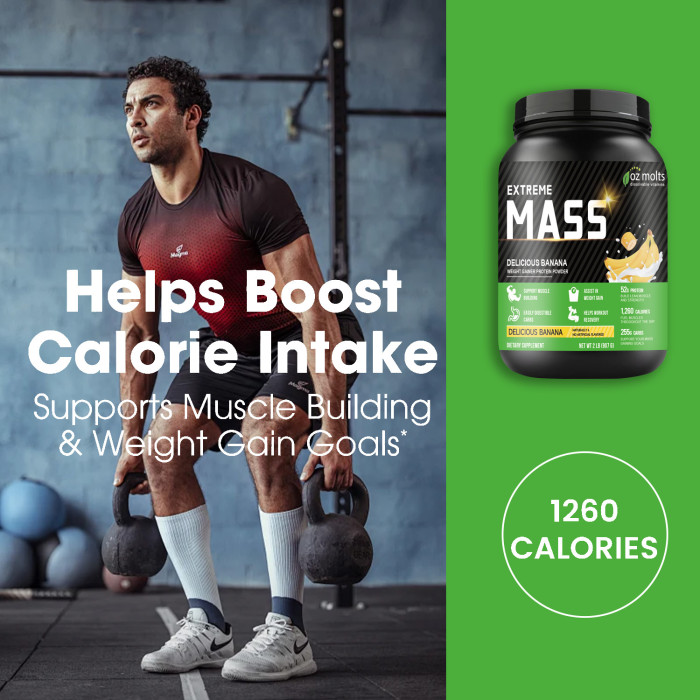 Ozmolts Mass Gainer Powder Weight Gainer Rich in 52g Protein Mass Extreme Improving Muscle Mass Creatine Monohydrate Supplements Support Muscle Recovery Banana Flavor 2 Lbs