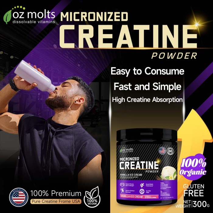 Ozmolts Creatine Monohydrate Powder Workout Drink Supplement for Muscle Building Creatine Protein Powder Improving Mass Athlene Creatine Powder for Men and Women Vanilla Ice Cream 300g 60 Servings