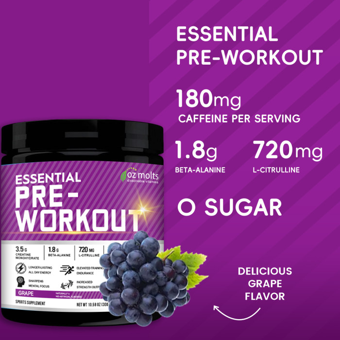 Ozmolts Pre-Workout Supplement with Creatine Monohydrate Increase Lean Muscle & Strength Pre Workout Energy Powder for Men & Women Sharpens Mental Focus Support Energy Sports Nutrition 300g Grape Flavor
