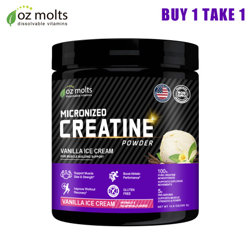 Ozmolts Creatine Monohydrate Powder Workout Drink Supplement for Muscle Building Creatine Protein Powder Improving Mass Athlene Creatine Powder for Men and Women Vanilla Ice Cream 300g 60 Servings