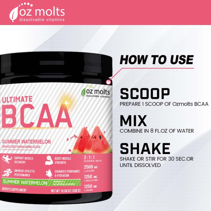 Ozmolts Ultimate BCAA Powder Branched Chain Amino Acid Supplements for Women and Men BCAA 2:1:1 with Beta Alanine Boost Muscle Strength Watermelon 300g