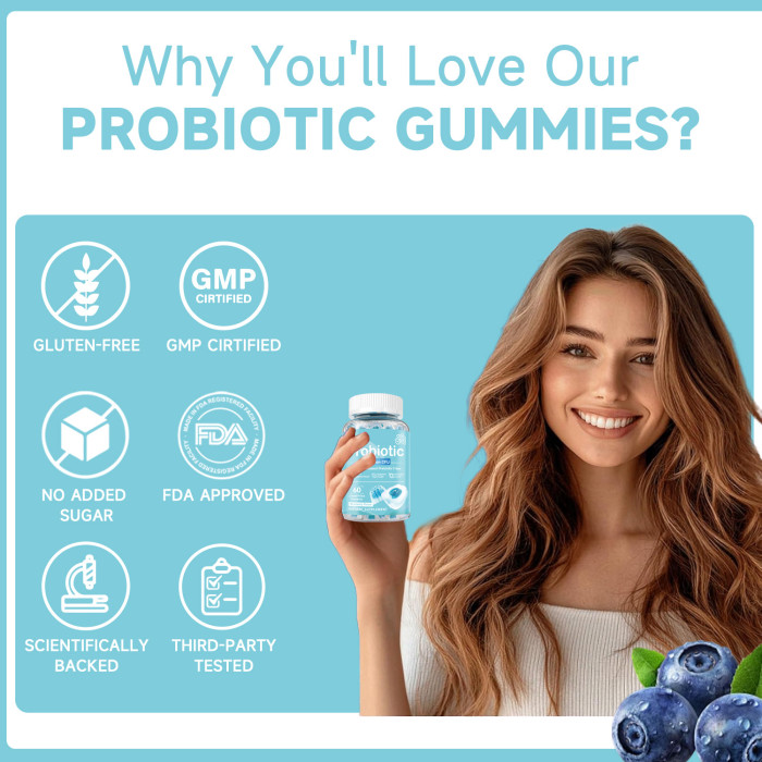 Ozmolts Probiotic Gummies Promoting Metabolism 150 Billion CFU Probiotics Gummy Enhance Immunity Food Supplements Supports Digestive Health Blueberry 60pcs