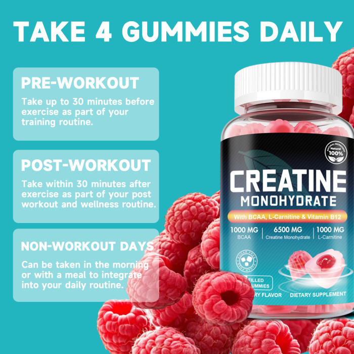 Ozmolts Creatine Monohydrate Gummies Raspberry Creatine Gummy for Muscle Strength Energy Boost Bioavailable Workout Recovery Supplement 60PCS