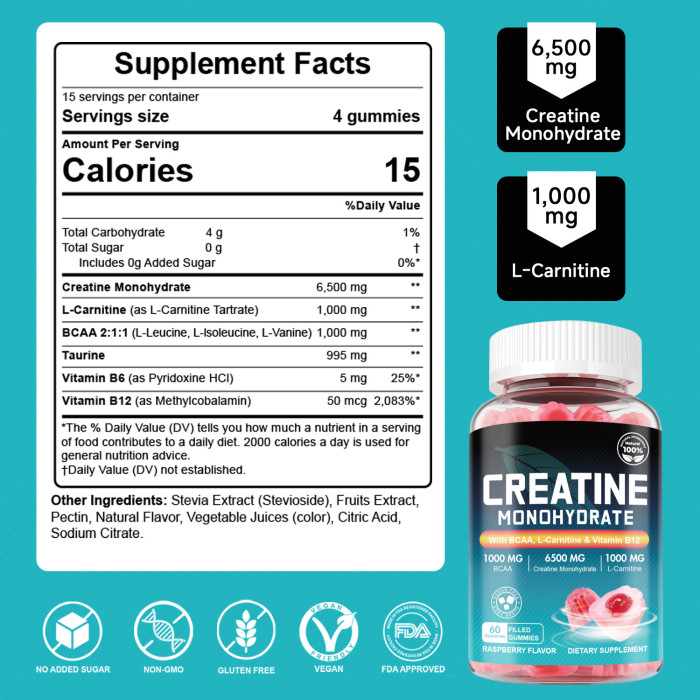 Ozmolts Creatine Monohydrate Gummies Raspberry Creatine Gummy for Muscle Strength Energy Boost Bioavailable Workout Recovery Supplement 60PCS