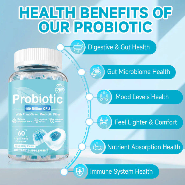 Ozmolts Probiotic Gummies Promoting Metabolism 150 Billion CFU Probiotics Gummy Enhance Immunity Food Supplements Supports Digestive Health Blueberry 60pcs