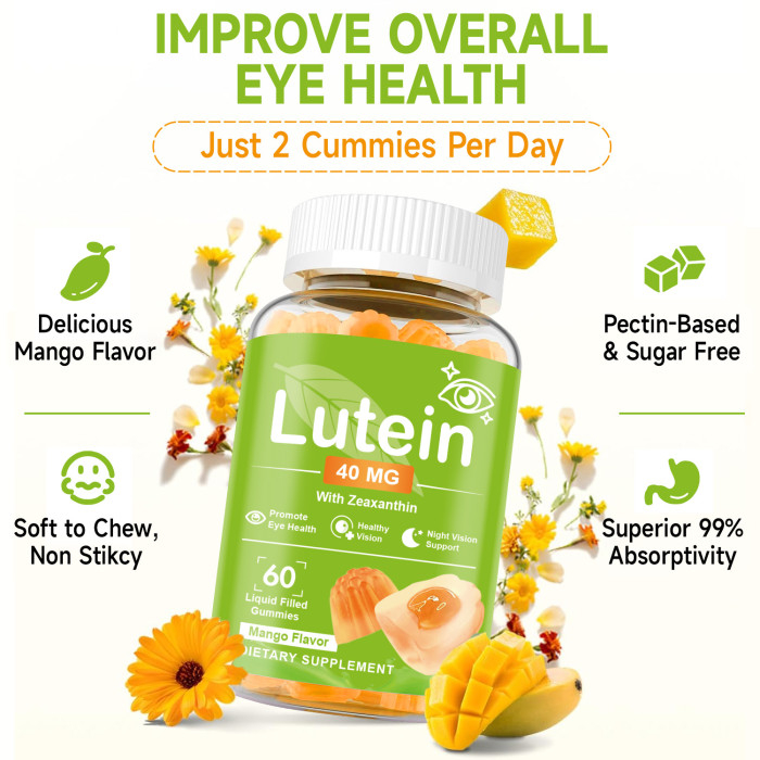 Ozmolts Lutein Eye Supplement Gummies Help Blue Light And UV Protection Antioxidant Supplement Protect Cardiovascular Health Mango Flavor 60 Gummies Vegan