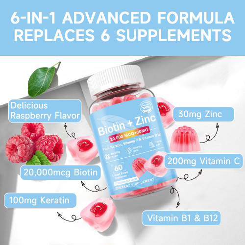Ozmolts Biotin Gummies Help Skin Care Acne Treatment Hair Zinc Supplement Raspberry Flavor Promotes Hair Growth 60 Gummies For Unisex Gluten Free