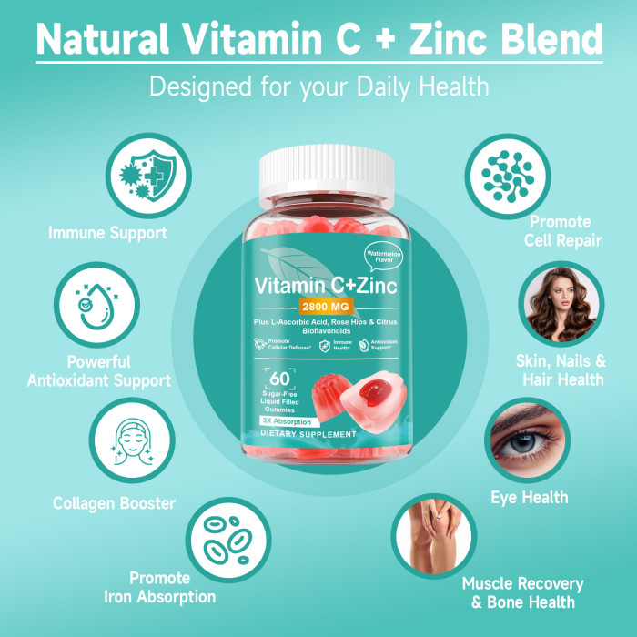 Ozmolts Vitamin C with Zinc Supplement Gummies Provide Skin Care Vitamin C Gummy with Ascorbic Acid Support Immune Health for Adult 60 Gummies Vegan NON-GMO Watermelon Flavor