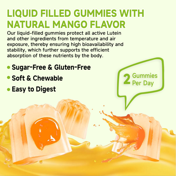 Ozmolts Lutein Eye Supplement Gummies Help Blue Light And UV Protection Antioxidant Supplement Protect Cardiovascular Health Mango Flavor 60 Gummies Vegan