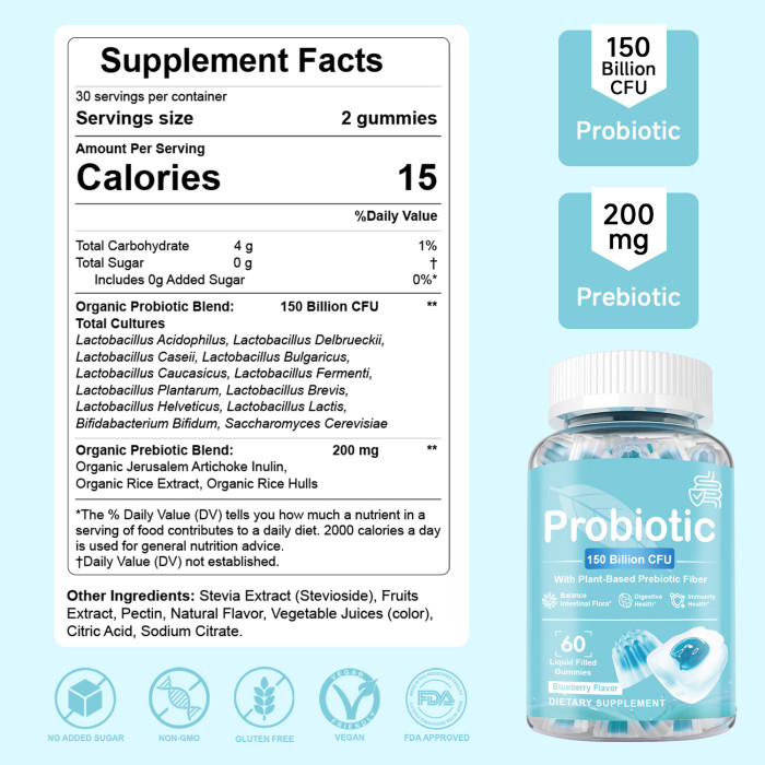 Ozmolts Probiotic Gummies Promoting Metabolism 150 Billion CFU Probiotics Gummy Enhance Immunity Food Supplements Supports Digestive Health Blueberry 60pcs