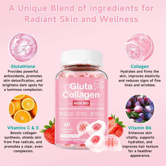 Ozmolts Glutathione Collagen Gummies Collagen Supplement Beauty Supplements Whitening Skin Anti Aging Glow Skin Gluta Gummy Boosting Immunity Strawberry Flavored for Men and Women 60 PCS