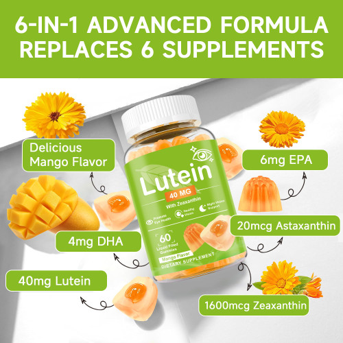Ozmolts Lutein Eye Supplement Gummies Help Blue Light And UV Protection Antioxidant Supplement Protect Cardiovascular Health Mango Flavor 60 Gummies Vegan