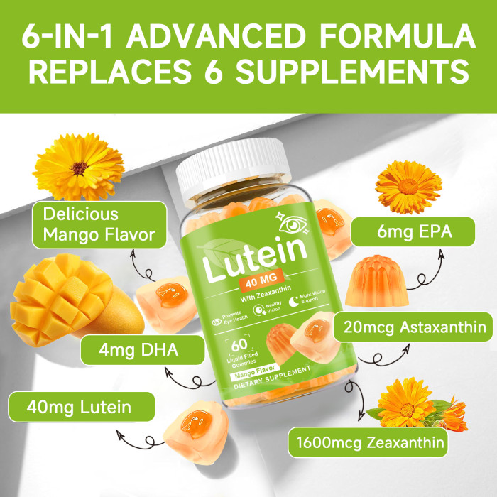 Ozmolts Lutein Eye Supplement Gummies Help Blue Light And UV Protection Antioxidant Supplement Protect Cardiovascular Health Mango Flavor 60 Gummies Vegan