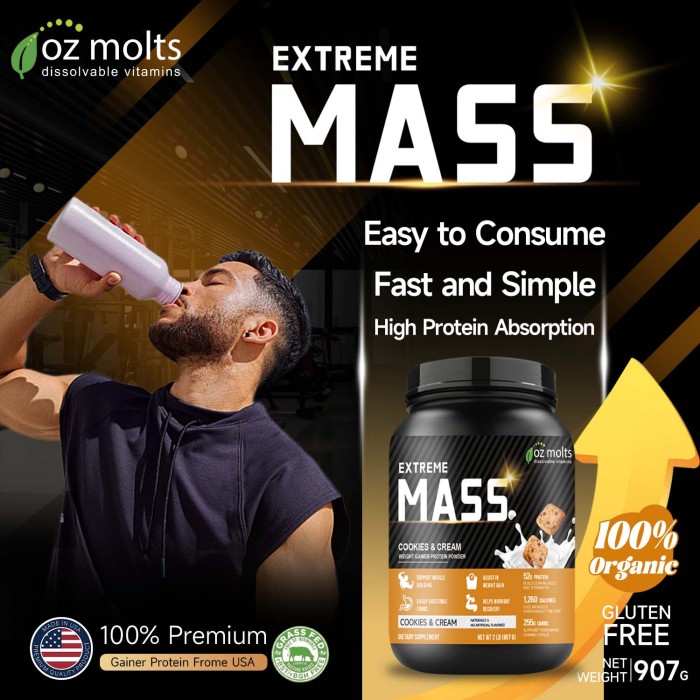 Ozmolts MASS Gainer Powder Workout Supplement Gain Weight MASS Protein Powder Support Muscle Building Improve Fitness performance Cookies & Cream 2LBS