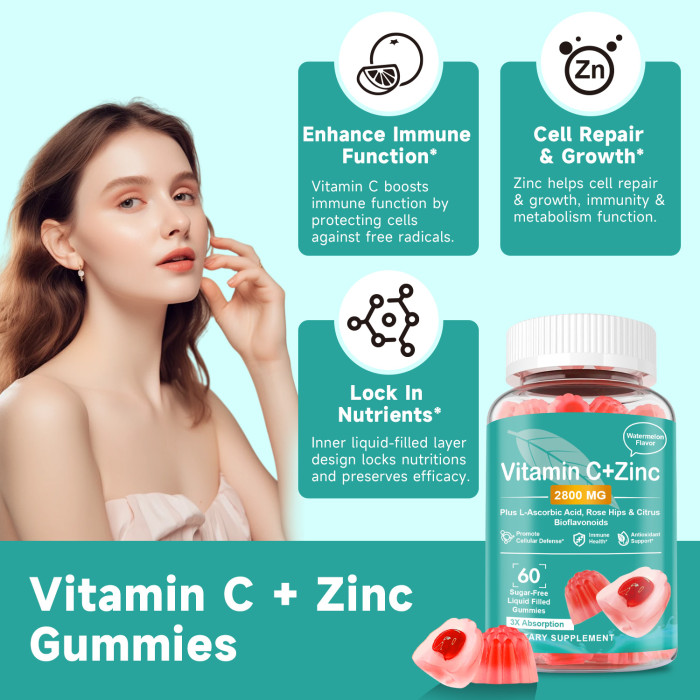 Ozmolts Vitamin C with Zinc Supplement Gummies Provide Skin Care Vitamin C Gummy with Ascorbic Acid Support Immune Health for Adult 60 Gummies Vegan NON-GMO Watermelon Flavor