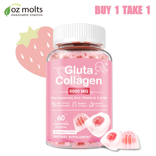 Ozmolts Glutathione Collagen Gummies Collagen Supplement Beauty Supplements Whitening Skin Anti Aging Glow Skin Gluta Gummy Boosting Immunity Strawberry Flavored for Men and Women 60 PCS
