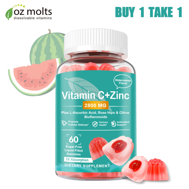 Ozmolts Vitamin C with Zinc Supplement Gummies Provide Skin Care Vitamin C Gummy with Ascorbic Acid Support Immune Health for Adult 60 Gummies Vegan NON-GMO Watermelon Flavor