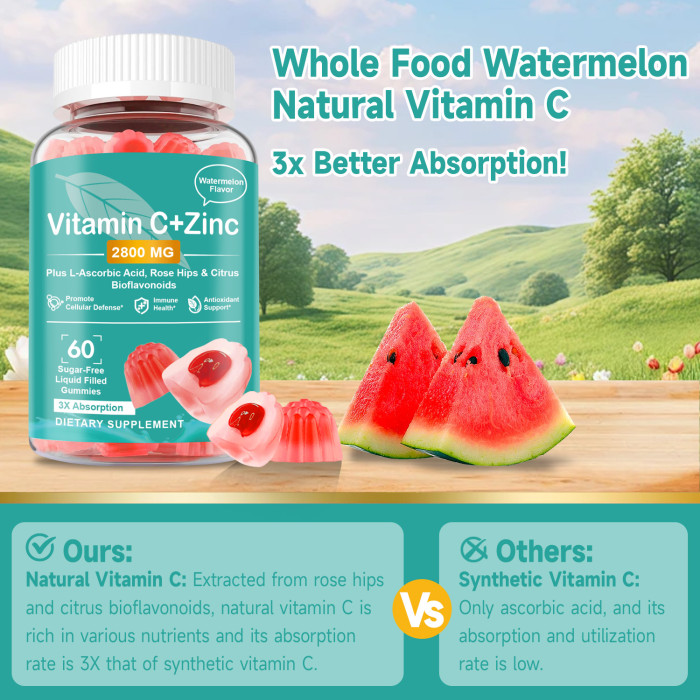 Ozmolts Vitamin C with Zinc Supplement Gummies Provide Skin Care Vitamin C Gummy with Ascorbic Acid Support Immune Health for Adult 60 Gummies Vegan NON-GMO Watermelon Flavor