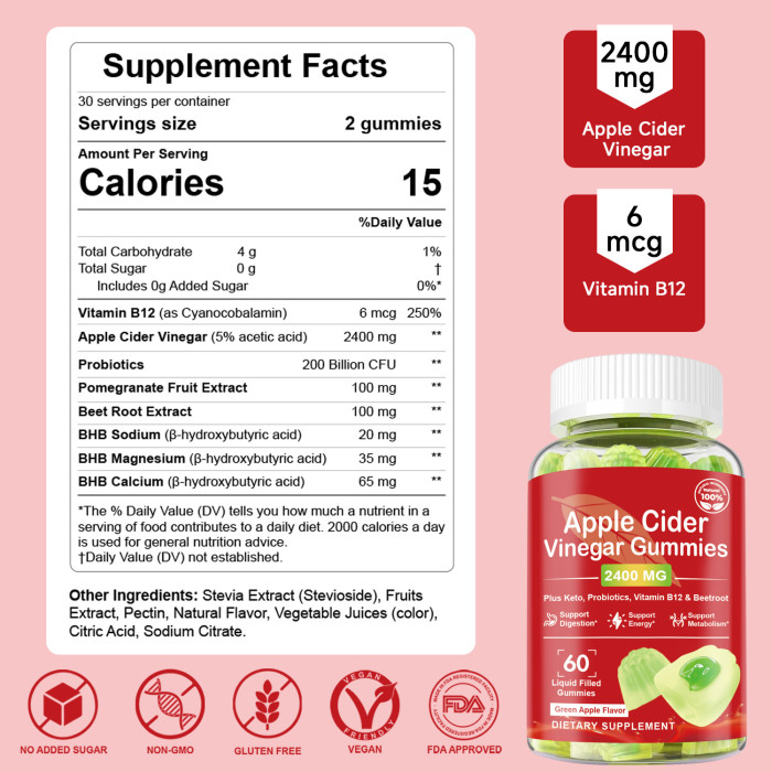 Ozmolts Apple Cider Vinegar Gummies Slimming Supplement with Vitamin B12 Gummy Weight Loss Supplements Apple Cider Vinegar Gummy Promote Digestion Suppress Appetite Green Apple 60 PCS