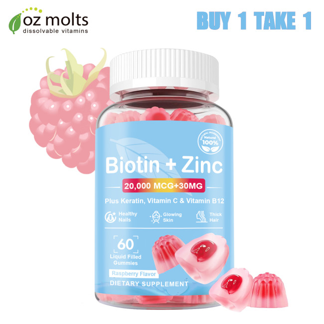 Ozmolts Biotin Gummies Help Skin Care Acne Treatment Hair Zinc Supplement Raspberry Flavor Promotes Hair Growth 60 Gummies For Unisex Gluten Free