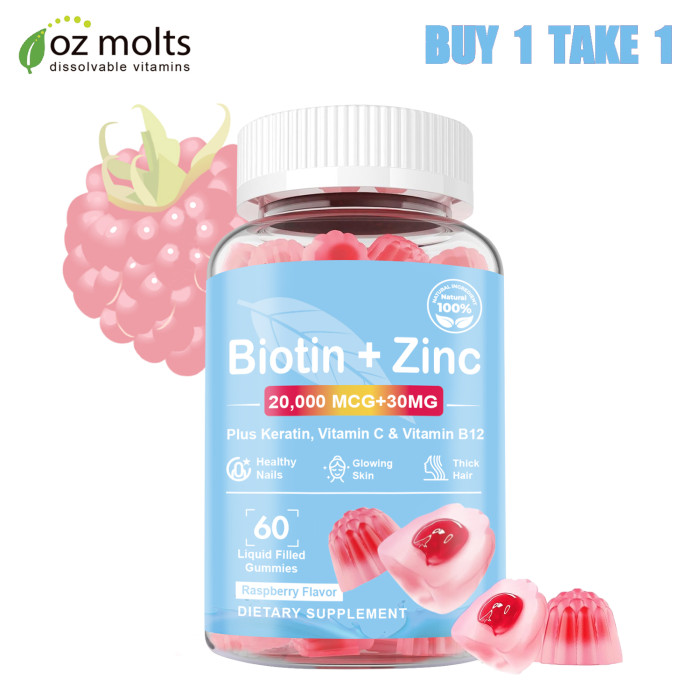 Ozmolts Biotin Gummies Help Skin Care Acne Treatment Hair Zinc Supplement Raspberry Flavor Promotes Hair Growth 60 Gummies For Unisex Gluten Free