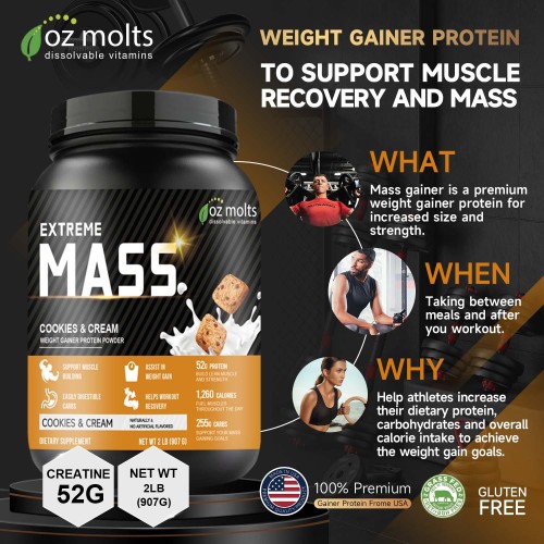 Ozmolts MASS Gainer Powder Workout Supplement Gain Weight MASS Protein Powder Support Muscle Building Improve Fitness performance Cookies & Cream 2LBS