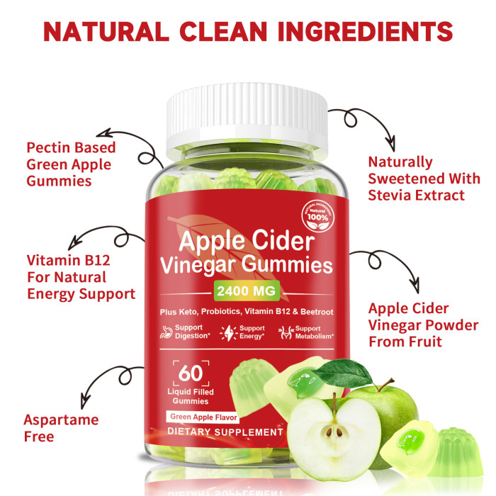 Ozmolts Apple Cider Vinegar Gummies Slimming Supplement with Vitamin B12 Gummy Weight Loss Supplements Apple Cider Vinegar Gummy Promote Digestion Suppress Appetite Green Apple 60 PCS