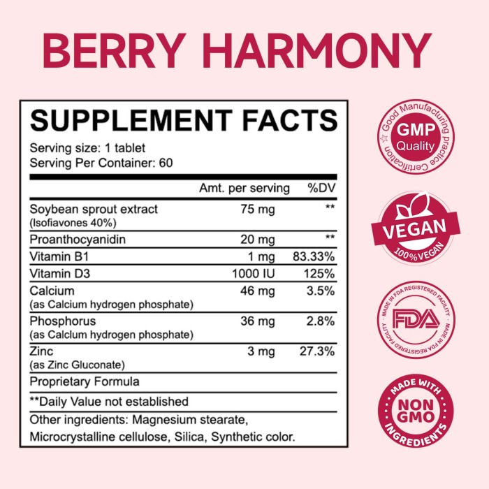Ozmolts Berry Harmony Supplement for Hormone Balance Womens Wellness Berry Glow Skin Care Dietary Supplement Improved Women's Health 60 Tablets