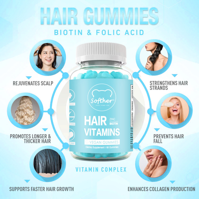 Softher Hair Vegan Vitamin Gummies for Normal Hair Growth Vitamin C Biotin Collagen Anti-Hair Loss Strong Nails Health Vitamin Gummy