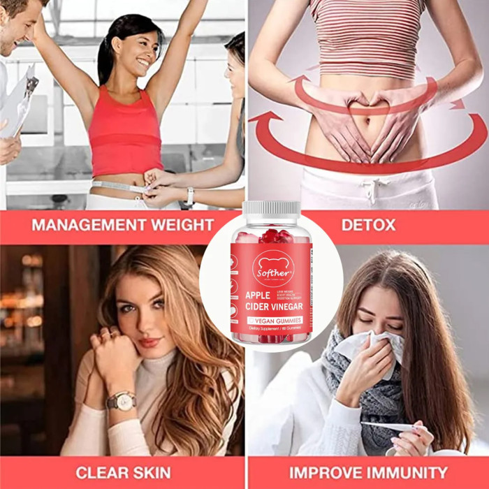 Softher Natural Slimming Apple Cider Vinegar Gummies with Vitamins B9 & B12 , Loose Weight Gummies Detox Cleanse Supplement,Vegan & Non-GMO