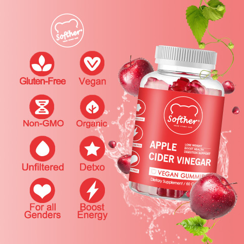 Softher Natural Slimming Apple Cider Vinegar Gummies with Vitamins B9 & B12 , Loose Weight Gummies Detox Cleanse Supplement,Vegan & Non-GMO