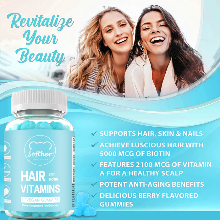 Softher Hair Vegan Vitamin Gummies for Normal Hair Growth Vitamin C Biotin Collagen Anti-Hair Loss Strong Nails Health Vitamin Gummy