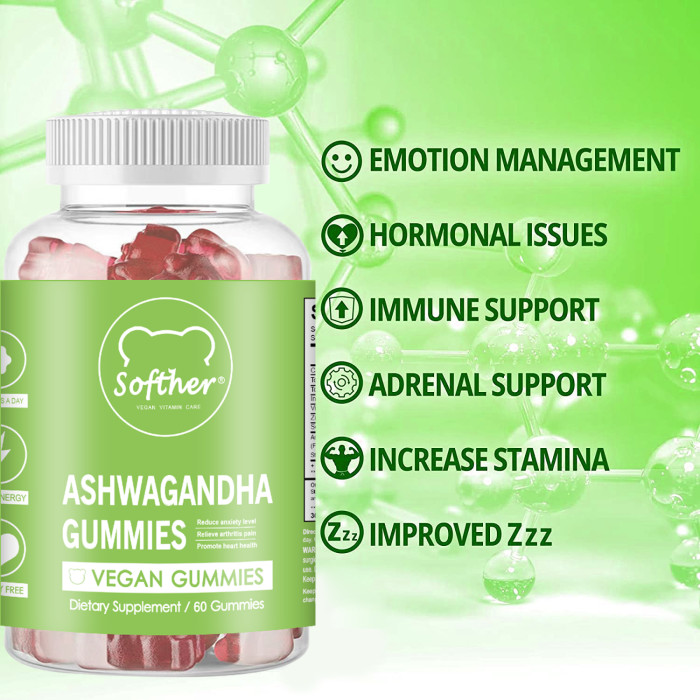 Softher Ashwagandha Gummies Relieve Fatigue Stress Anxiety Dietary Supplement Improve Mood and Sleep 60 Gummies/Bottle