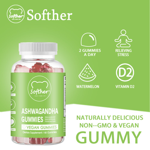 Softher Ashwagandha Gummies Relieve Fatigue Stress Anxiety Dietary Supplement Improve Mood and Sleep 60 Gummies/Bottle