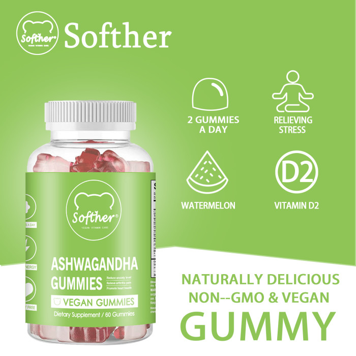 Softher Ashwagandha Gummies Relieve Fatigue Stress Anxiety Dietary Supplement Improve Mood and Sleep 60 Gummies/Bottle