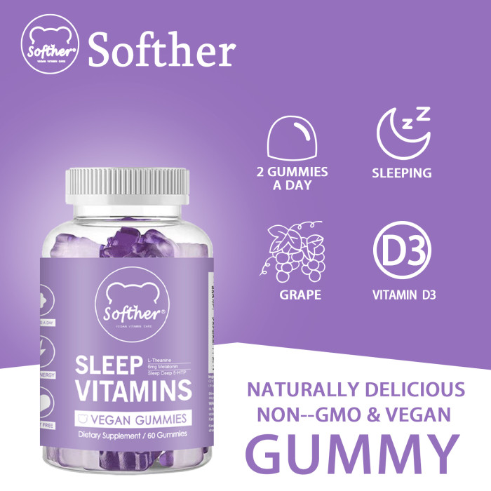 Softher Gummy for Sleep Improvement Aid Relax Anti Anxiety Gummies With Vitamin B6 and Melatonin,Food Supplement Grape Fruit Flavor 60 Gummies
