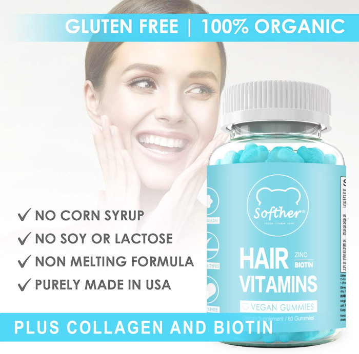 Softher Hair Vegan Vitamin Gummies for Normal Hair Growth Vitamin C Biotin Collagen Anti-Hair Loss Strong Nails Health Vitamin Gummy