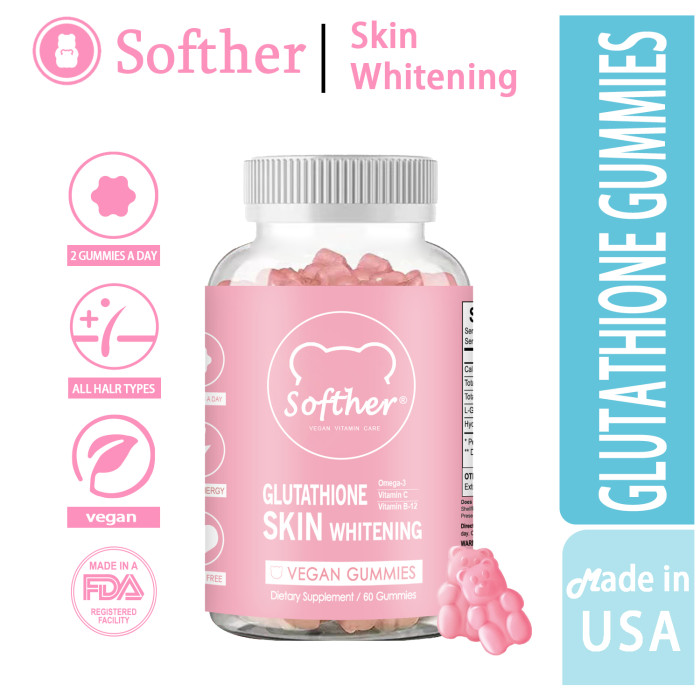 Softher Glutathione Collagen Gummies Anti-Aging Whitening Gummies Skin Glow Vitamins Gummies Beauty Supplements Original Gummy 60Pcs/Bottle