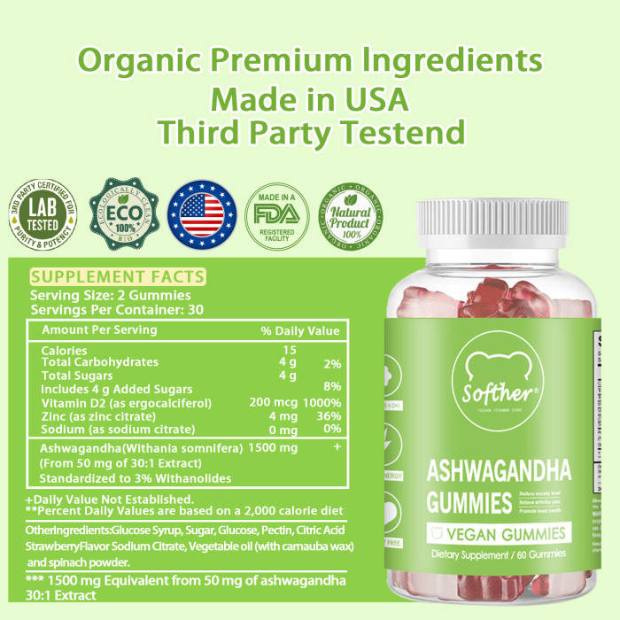 Softher Ashwagandha Gummies Relieve Fatigue Stress Anxiety Dietary Supplement Improve Mood and Sleep 60 Gummies/Bottle