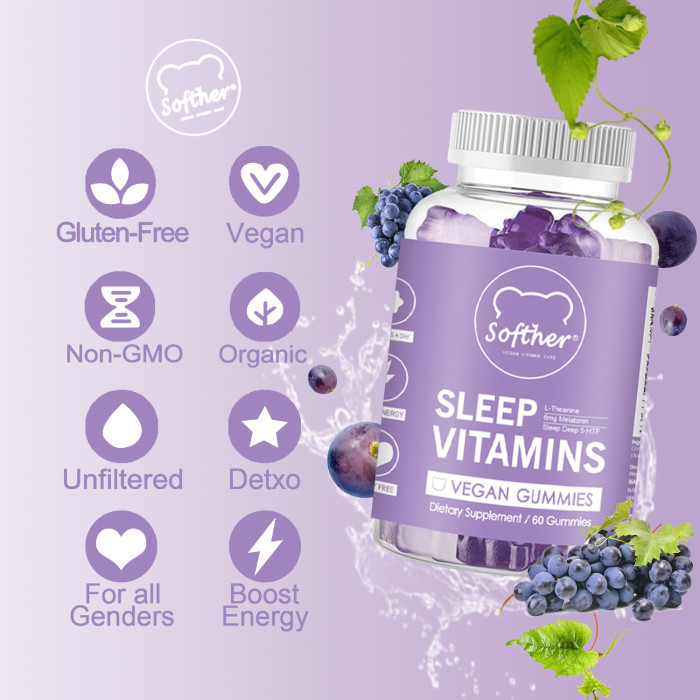 Softher Gummy for Sleep Improvement Aid Relax Anti Anxiety Gummies With Vitamin B6 and Melatonin,Food Supplement Grape Fruit Flavor 60 Gummies