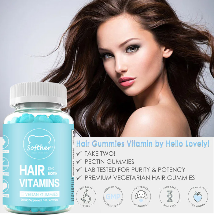 Softher Hair Vegan Vitamin Gummies for Normal Hair Growth Vitamin C Biotin Collagen Anti-Hair Loss Strong Nails Health Vitamin Gummy