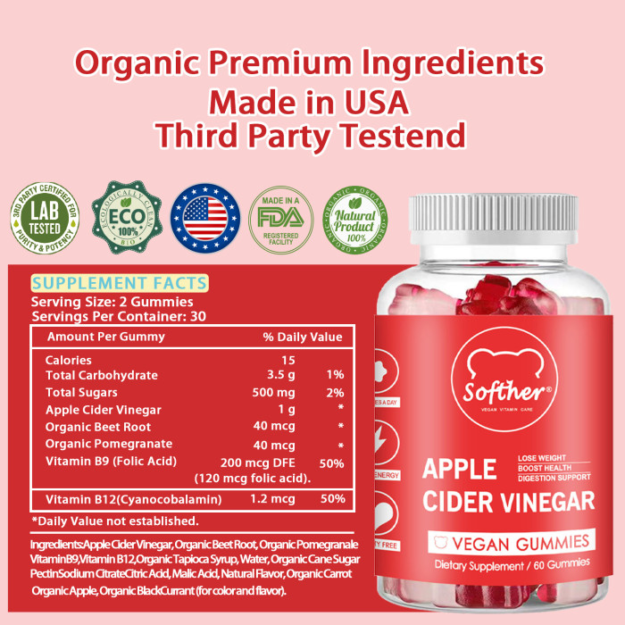 Softher Natural Slimming Apple Cider Vinegar Gummies with Vitamins B9 & B12 , Loose Weight Gummies Detox Cleanse Supplement,Vegan & Non-GMO