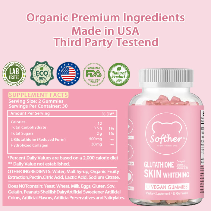 Softher Glutathione Collagen Gummies Anti-Aging Whitening Gummies Skin Glow Vitamins Gummies Beauty Supplements Original Gummy 60Pcs/Bottle