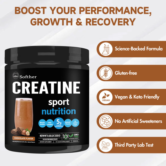 Softher Creatine Monohydrate Powder for Boost Exercise Performance and Energy Creatine Powder Muscle Recovery and Builder Muscle Workout Supplements for Men Women Chocolate 300g