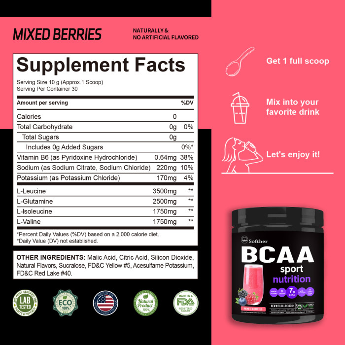 Softher BCAA Powder 2:1:1 Ratio Branched Chain Amino Acid Supplement for Less Fatigue and Muscle Recovery BCAA Supplement Powder Post Workout Drink Increase Energy Mixed Berries 300G